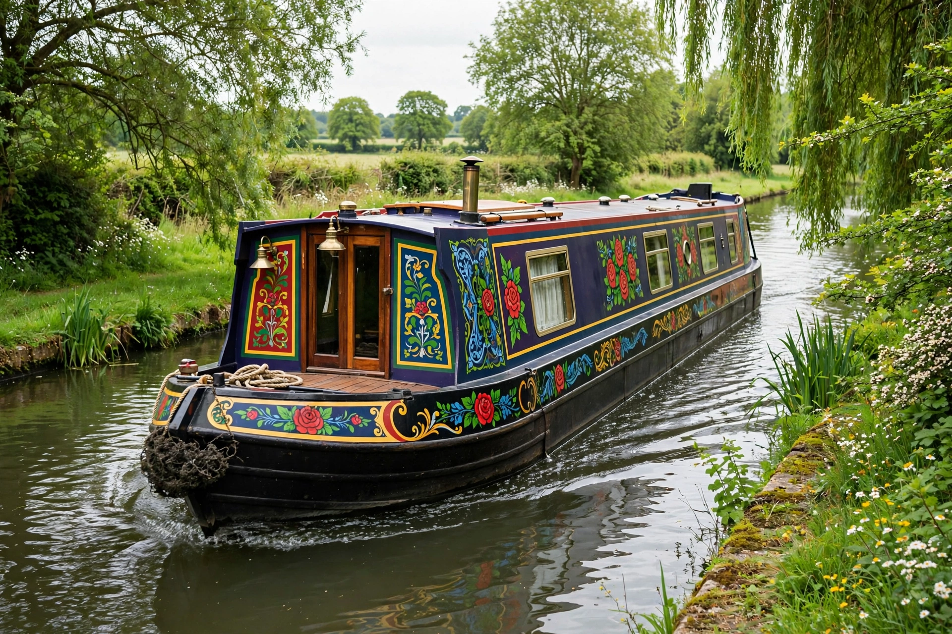 Traditional narrowboat cruising on an English canal