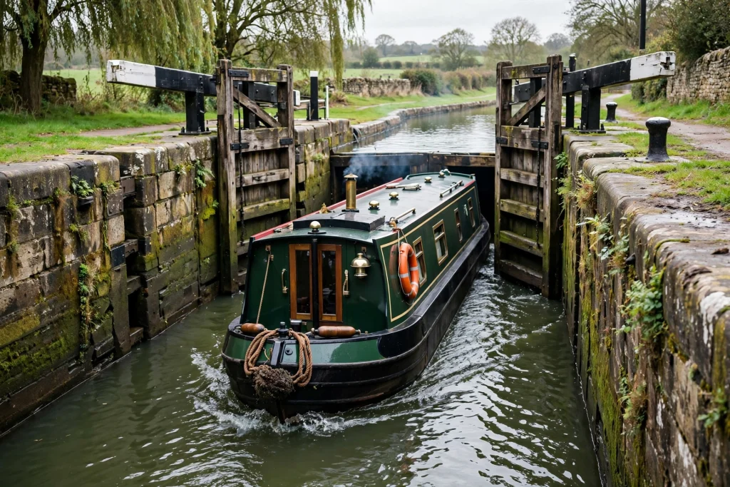 Narrowboat entering a canal lock