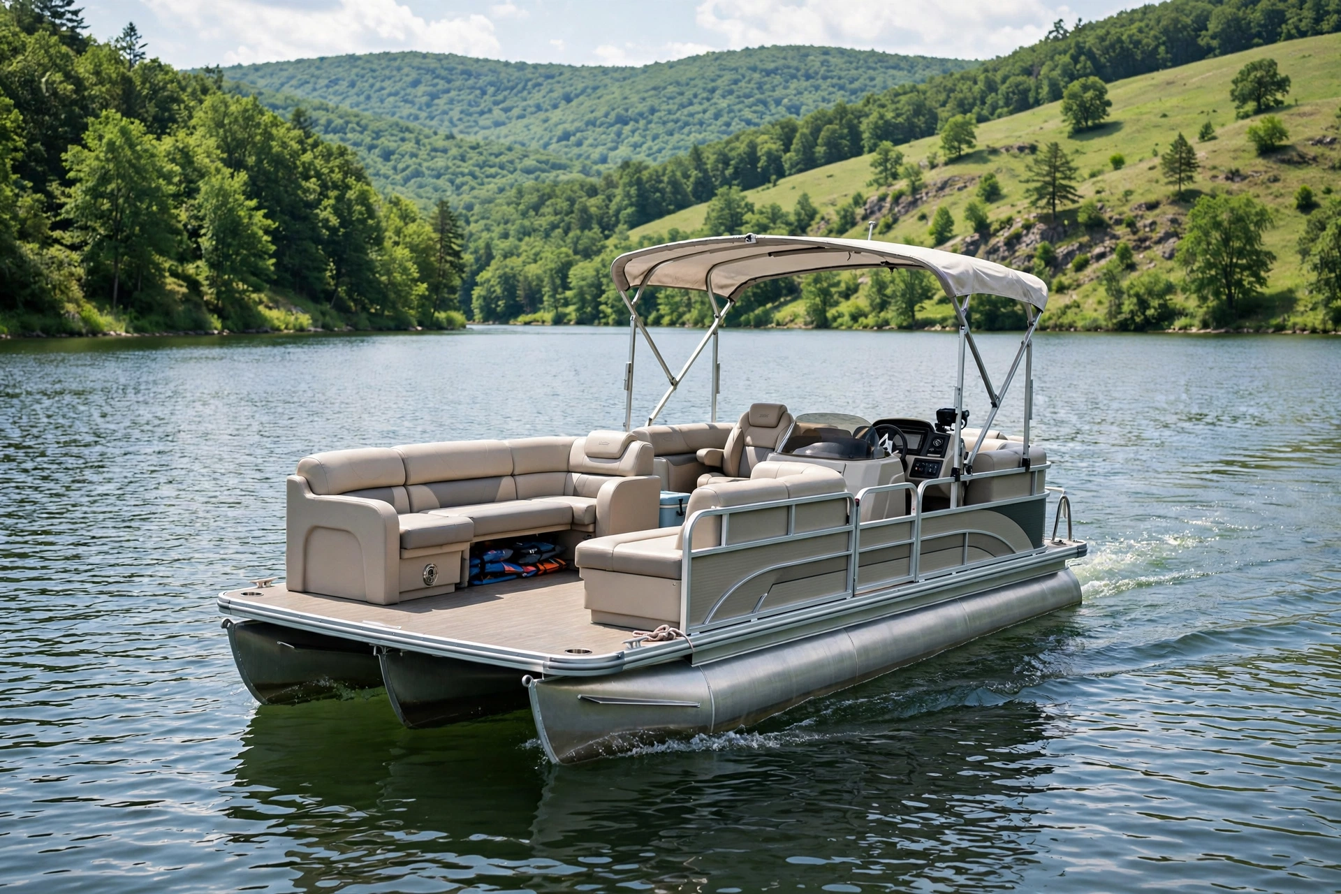 Pontoon boat cruising on a calm lake
