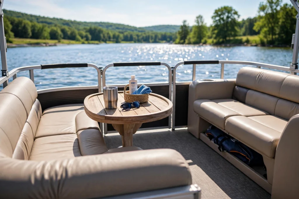 Pontoon boat deck with cushioned seating
