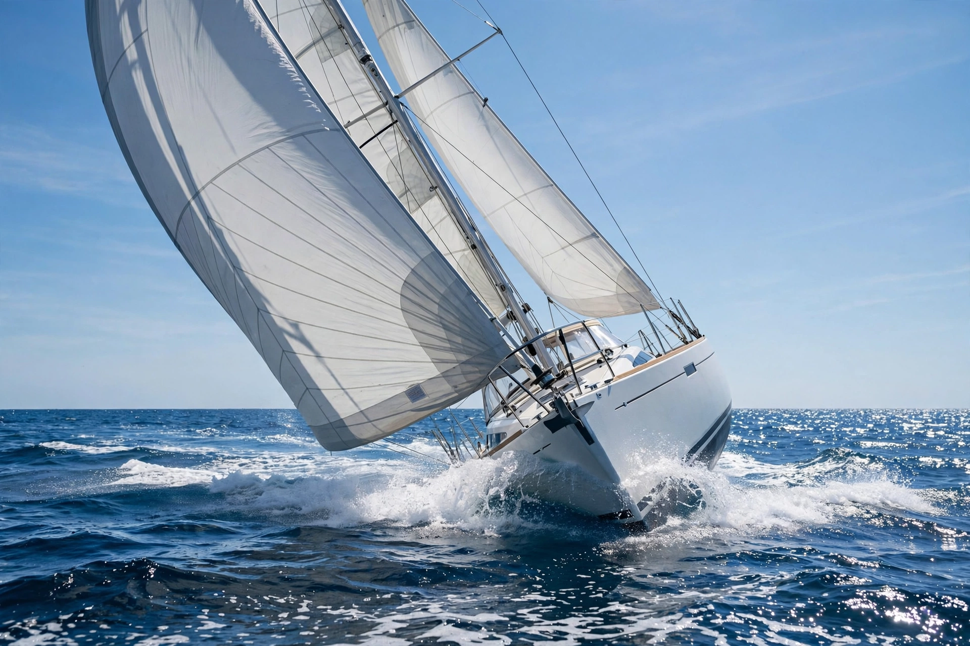 Sailboat with full sails on blue sea