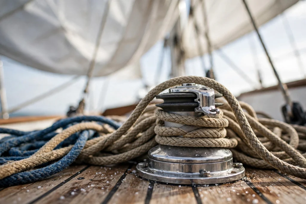 Sailboat rigging and winch close-up