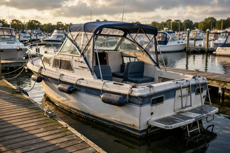 Pre-owned motorboat docked at a marina