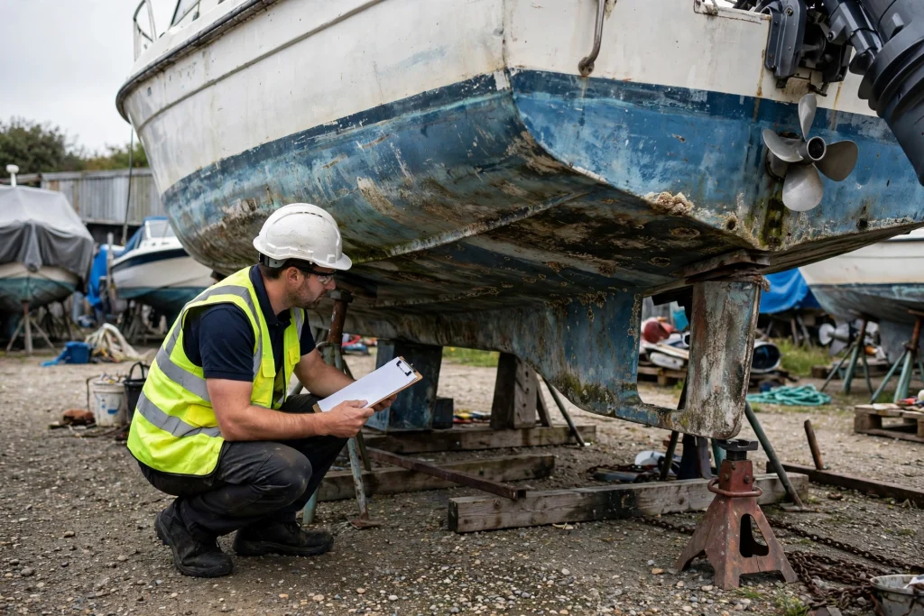 Marine surveyor inspecting a used boat hull