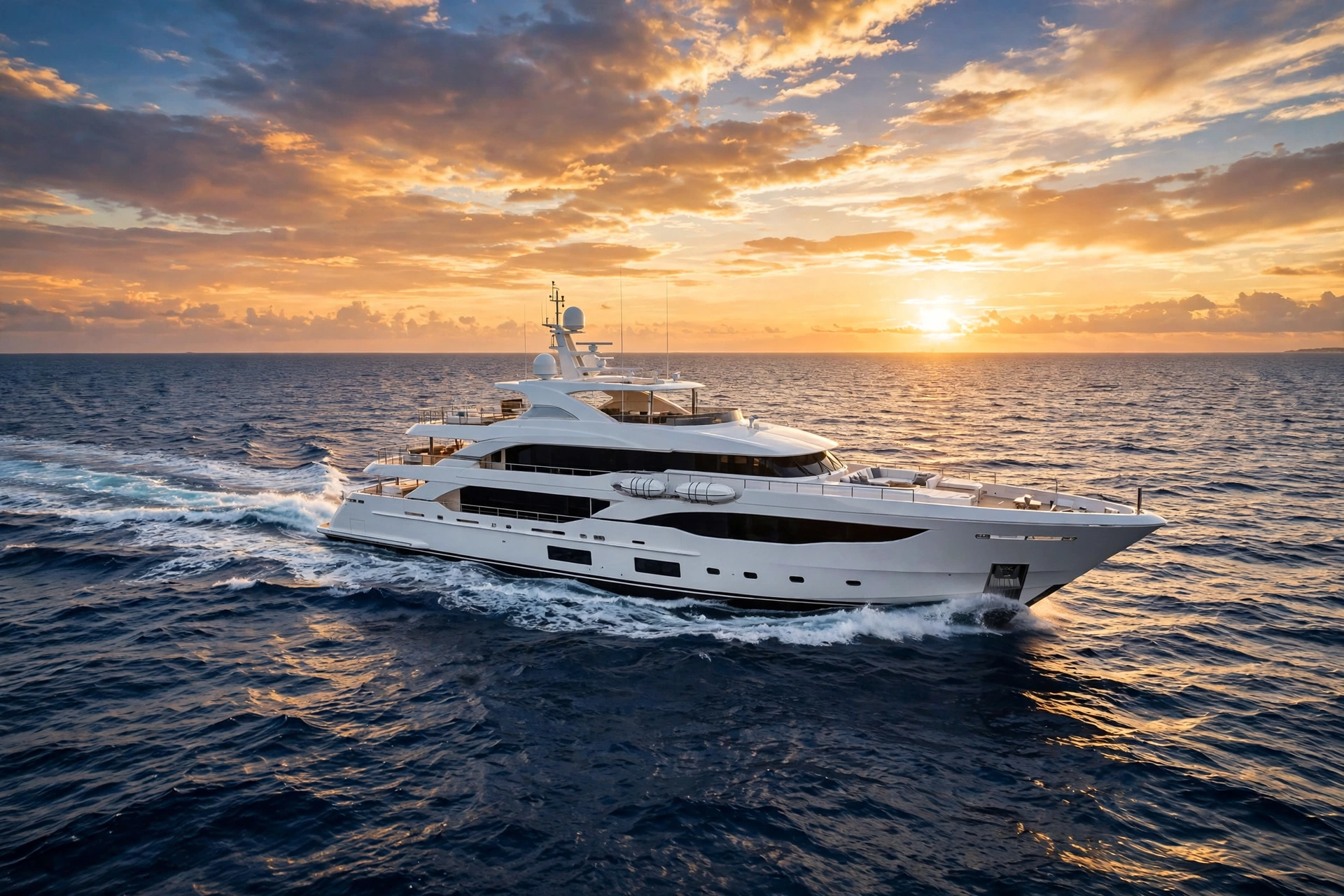 Luxury yacht cruising on open water at sunset
