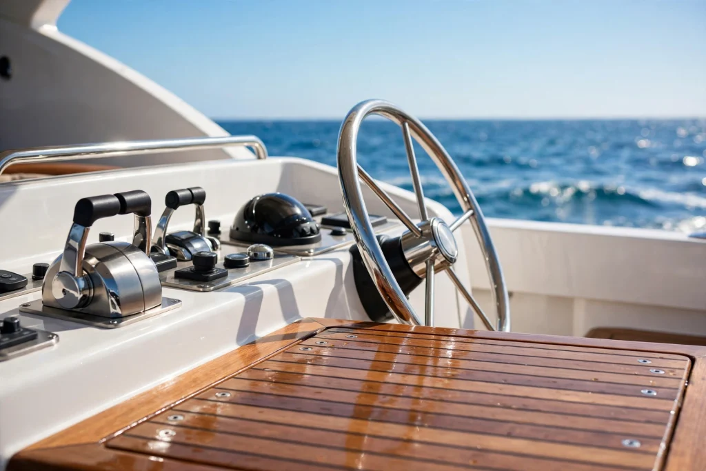 Yacht deck and helm station close-up
